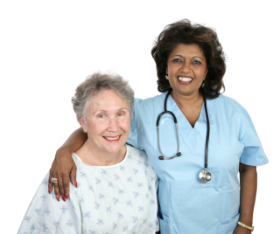 Staff wearing blue coat and elder